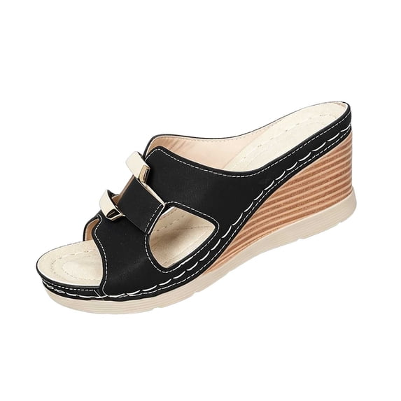 CYMMPU Women's Metal Buckle Cutout Wedge Slide Sandals, Open Toe Slip On Platform Slippers, Lightweight Summer Casual Shoes Black 37
