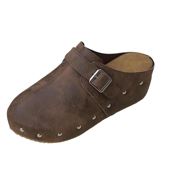 CYMMPU Women's Metal Buckle Rivet Decor Closed Toe Mules, Slip On Vintage Backless Clogs, Casual Outdoor Footwear Brown 42