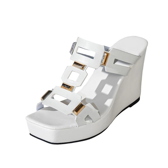 CYMMPU Women's Multi Buckle Platform Wedge Slide Sandals Open Toe Slip On Fashion Footwear Suitable for Date Nights and Travel White 37