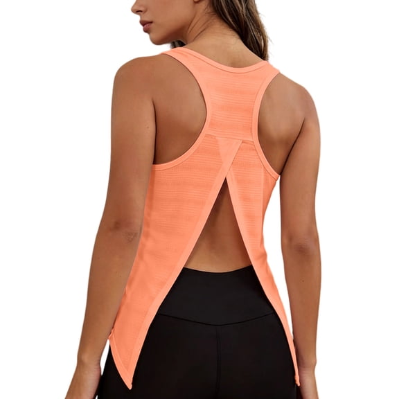 CYMMPU Women's Open-Back Split Hem Workout Tank, Racerback Sleeveless Top with Cross Detail, Lightweight Active & Yoga Wear Orange XXL