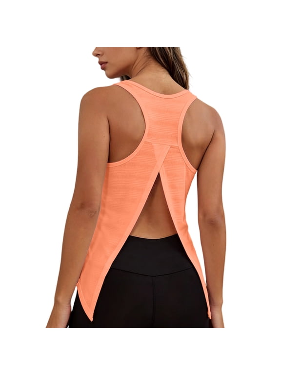 Women's Open-Back Split Hem Workout Tank, Racerback Sleeveless Top with Cross Detail, Lightweight Active & Yoga Wear Orange XXL