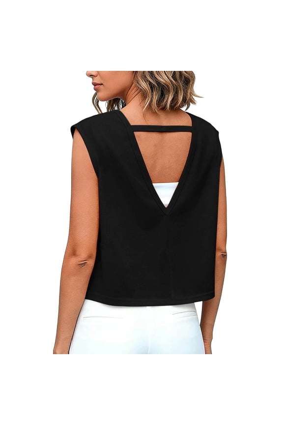 Women's Open Back Workout Tank Top, Round Neck Loose Fit with Drawstring Hem, Breathable Yoga & Gym Sleeveless Top Black M