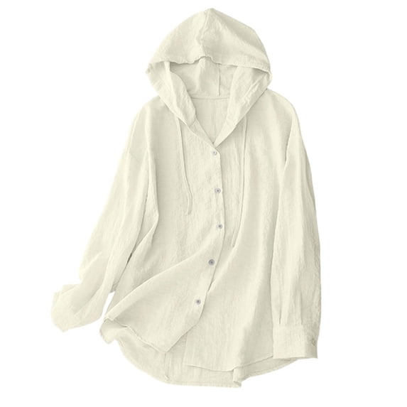 CYMMPU Women's Oversized Hooded Long Sleeve Linen Sun Protection Shirt, Full Button Beach Cover Up Tunic Beige M