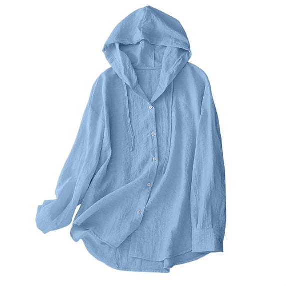 CYMMPU Women's Oversized Hooded Long Sleeve Linen Sun Protection Shirt, Full Button Beach Cover Up Tunic Blue M