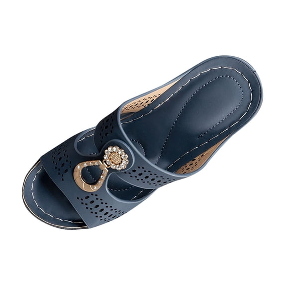 CYMMPU Women's Perforated Block Heel Sandals Open Toe Slip On Footwear for Casual Daily and Dressy Wear Blue 38