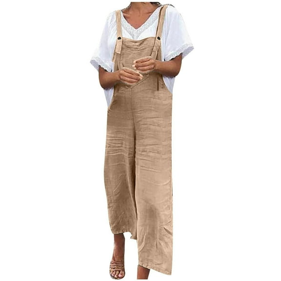 LMOIPLI Women's Plain Color Lightweight Long Pants Adjustable Strap Romper Baggy Overalls Long Bib Pants Wide Leg Outfits Fashion Summer Clothes Vintage Adjustable Strap Romper Khaki S