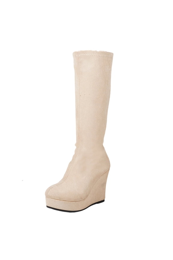 Women's Platform Wedge Knee High Boots, Round Toe Stretch Suede Tall Fashion Boots Beige 36