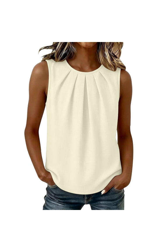 Women's Pleated Round Neck Tank, Sleeveless Solid Color Blouse with Neckline Gathers, Casual Relaxed Fit Summer & Everyday Wear Khaki S
