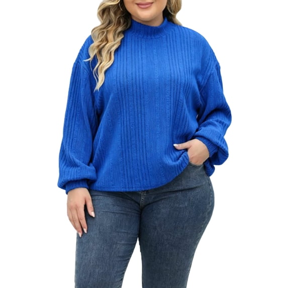 CYMMPU Women’s Plus Size Mock Neck Ribbed Knit Sweater, Long Sleeve Oversized Pullover Jumper, Cozy Relaxed Top for Fall Winter Casual Daily Wear Blue XXXL