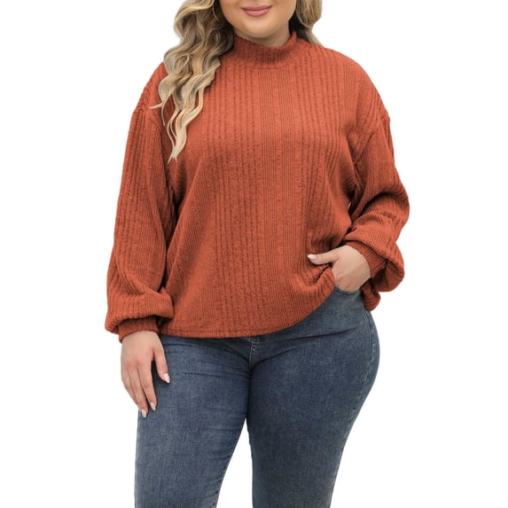 CYMMPU Women’s Plus Size Mock Neck Ribbed Knit Sweater, Long Sleeve Oversized Pullover Jumper, Cozy Relaxed Top for Fall Winter Casual Daily Wear Brown XL