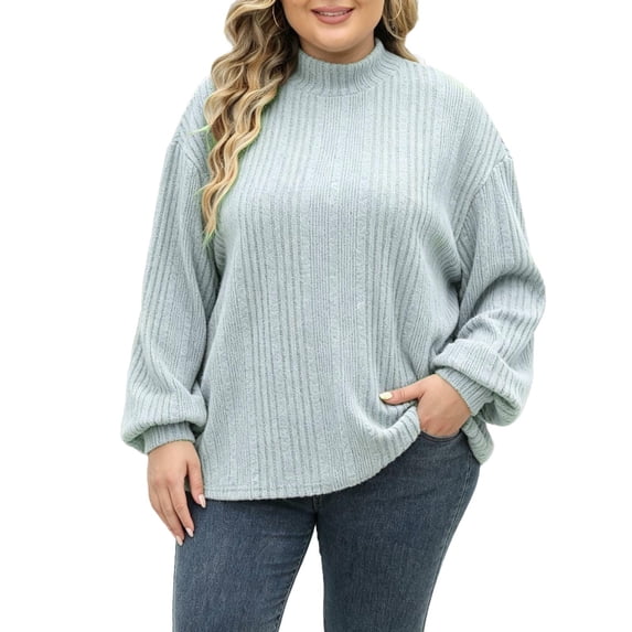 CYMMPU Women’s Plus Size Mock Neck Ribbed Knit Sweater, Long Sleeve Oversized Pullover Jumper, Cozy Relaxed Top for Fall Winter Casual Daily Wear Green XL