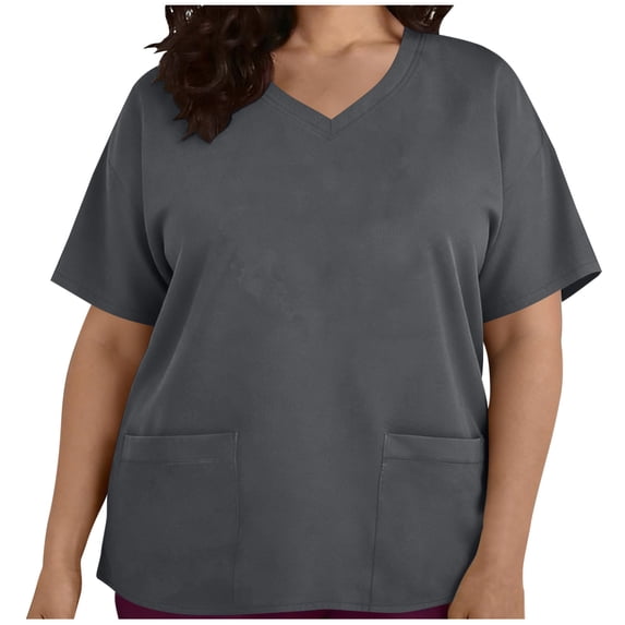 CYMMPU Women's Plus Size V Neck Scrub Top, Short Sleeve Double Chest Pocket Loose Fit Work Uniform Blouse Dark Gray XXXXXL