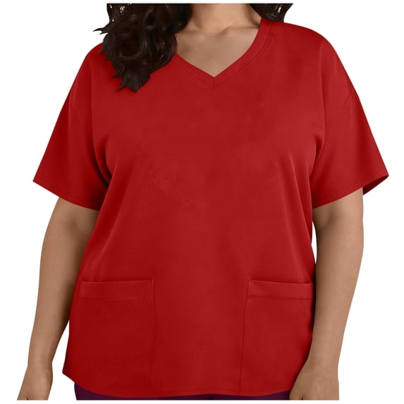 CYMMPU Women's Plus Size V Neck Scrub Top, Short Sleeve Double Chest Pocket Loose Fit Work Uniform Blouse Red XXL