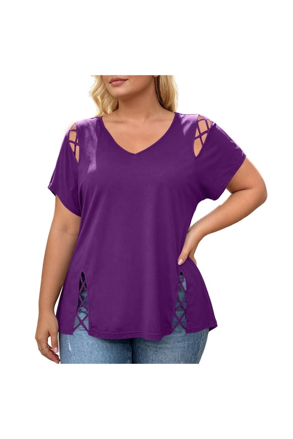 Women's Plus Size V-Neck T-Shirt, Short Sleeve with Crisscross Cutout Details, Casual Slimming Tee Purple XXL