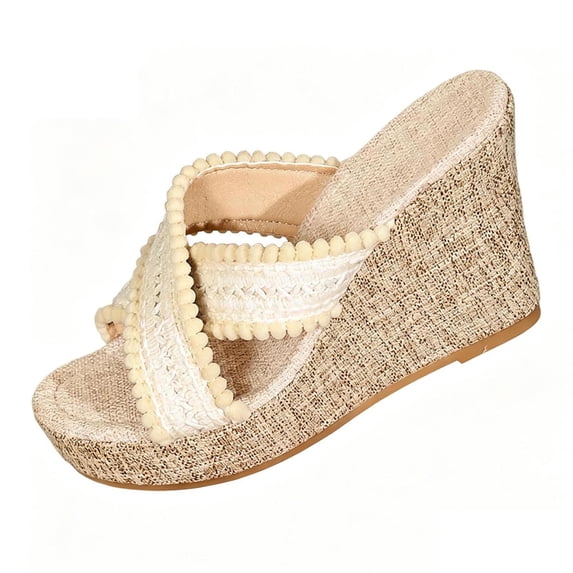 CYMMPU Women's Pom Pom Trim Crisscross Strap Wedge Slide Sandals, Fabric Platform Open Toe Mules, Summer Casual Beach Slip On Shoes Beige 36
