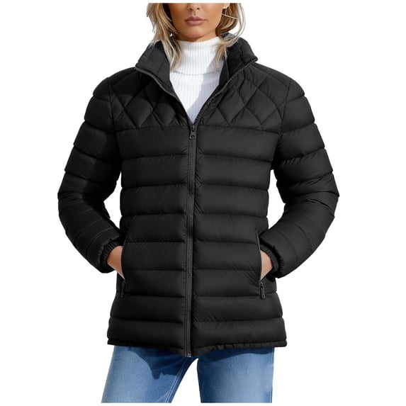CYMMPU Women’s Quilted Puffer Jacket, Stand Collar Zip Up Long Sleeve Solid Coat with Dual Pockets Loose Fit Warm Outerwear Black L