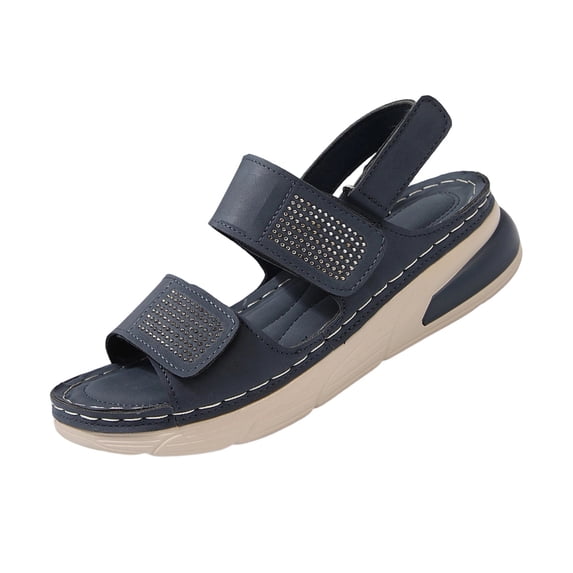 CYMMPU Women's Rhinestone Two Strap Platform Sandals, Hook and Loop Slingback Open Toe Wedge Walking Shoes Blue 40