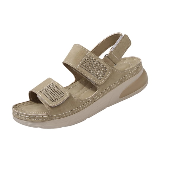 CYMMPU Women's Rhinestone Two Strap Platform Sandals, Hook and Loop Slingback Open Toe Wedge Walking Shoes Khaki 36