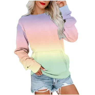 CYMMPU Women's Round Neck Trendy Shirts Gradient Color Oversized Spring Sweatshirt Fall Clothing Fashion Comfy Casual Loose Pullover Outfits Clothes Long Sleeve Jumper Tops Pink XL