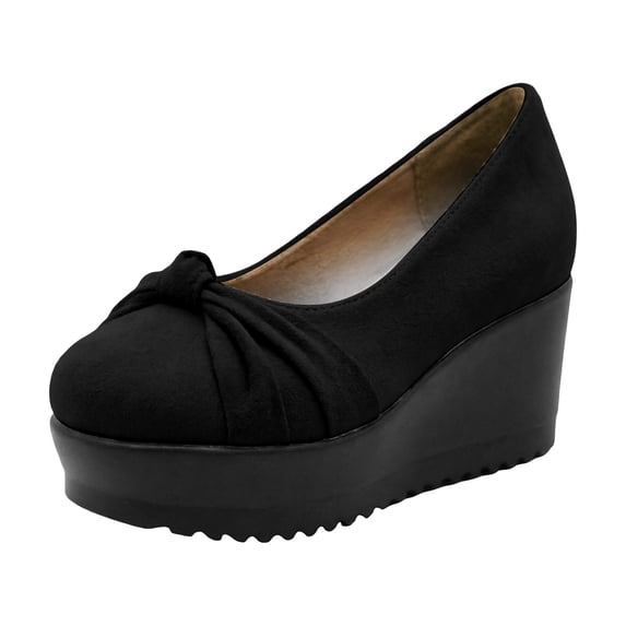 CYMMPU Women's Ruched Bow Platform Wedge Pumps, Closed Toe Slip On Wedge Shoes, Comfort Footwear for Party, Concert and Daily Casual Wear Black 41