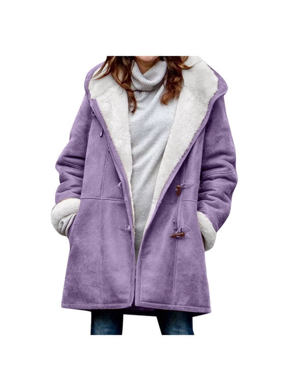 Women’s Sherpa Lined Duffle Hooded Coat, Toggle Closure Mid‑Length Patch Pockets Long Sleeve Warm Outerwear for Fall Winter Outdoor Travel and Casual Wear Purple XXXL