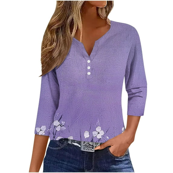 CYMMPU Women's Shirts Floral Print Flowy Blouse 3/4 Length Sleeve Summer Fall Basic Tees Tunic Tops V-Neck Casual Business Work Blouses 2025 Clothes Purple XXXL
