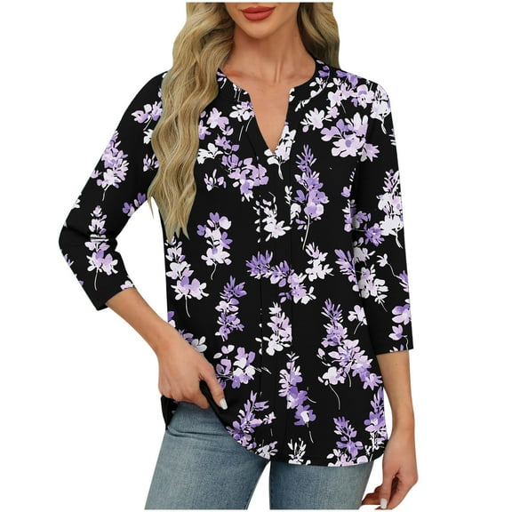 CYMMPU Women's Shirts Floral Printed Flowy Blouse 3/4 Length Sleeve Elegant Blouse Summer Fall Casual Business Work Blouses to Wear with Leggings V-Neck Tunic Tops 2025 Clothes Black L