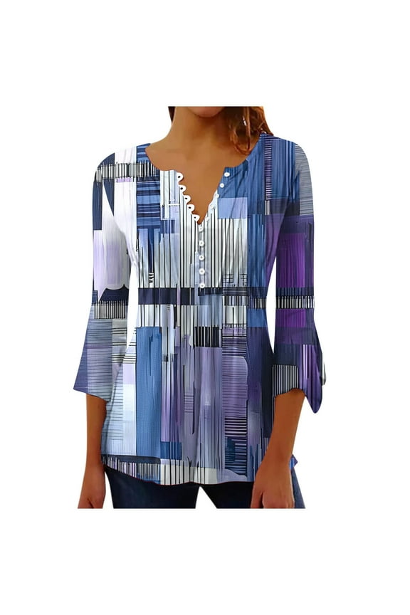 Women's Shirts Ombre 3/4 Length Sleeve Trendy Tunic Tops V-Neck Elegant Blouse Casual Summer Fall Business Work Blouses to Wear with Leggings 2025 Clothes Purple XXL