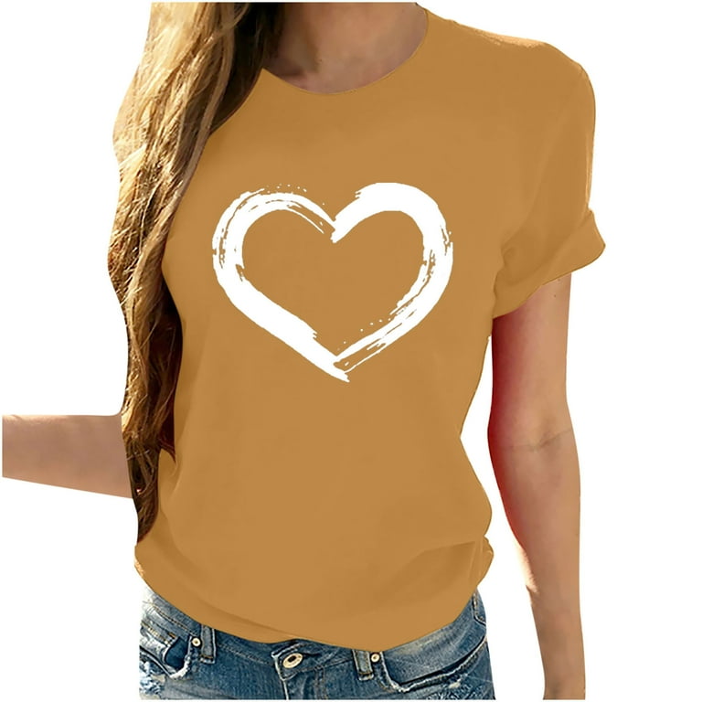 CYMMPU Women s Short Sleeve Summer Basic Tees Clearance Dressy Tunics Heart Graphic Round Neck Tshirt Vintage Plus Size Comfy Casual Loose Shirts Work
