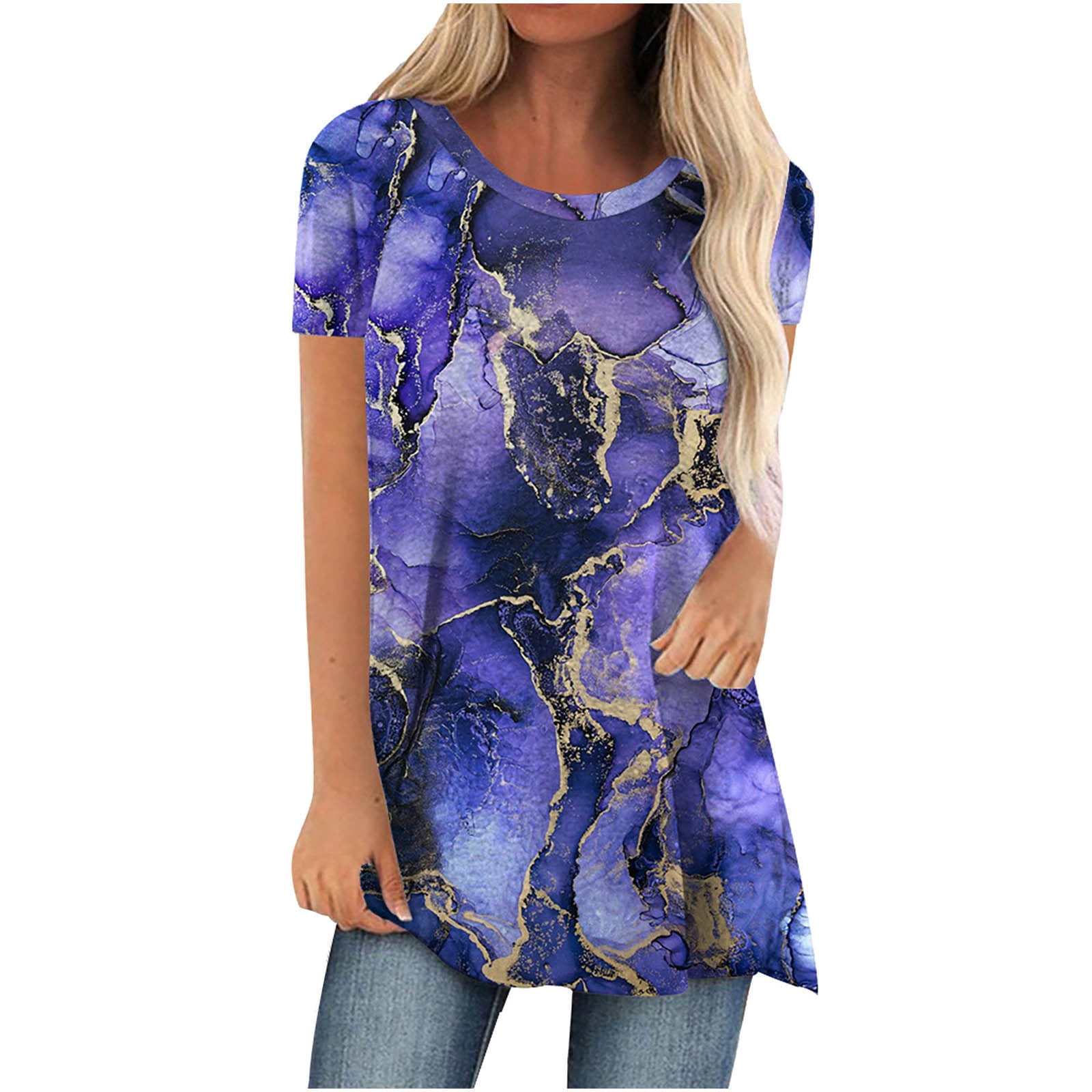 CYMMPU Women's Short Sleeve Summer Long Tunic for Leggings Clearance Plus  Size Round Neck Tshirt Vintage Work Tops Dressy Tunics Comfy Casual Loose  Shirts Funny Tie Dye Ombre Blue XL 