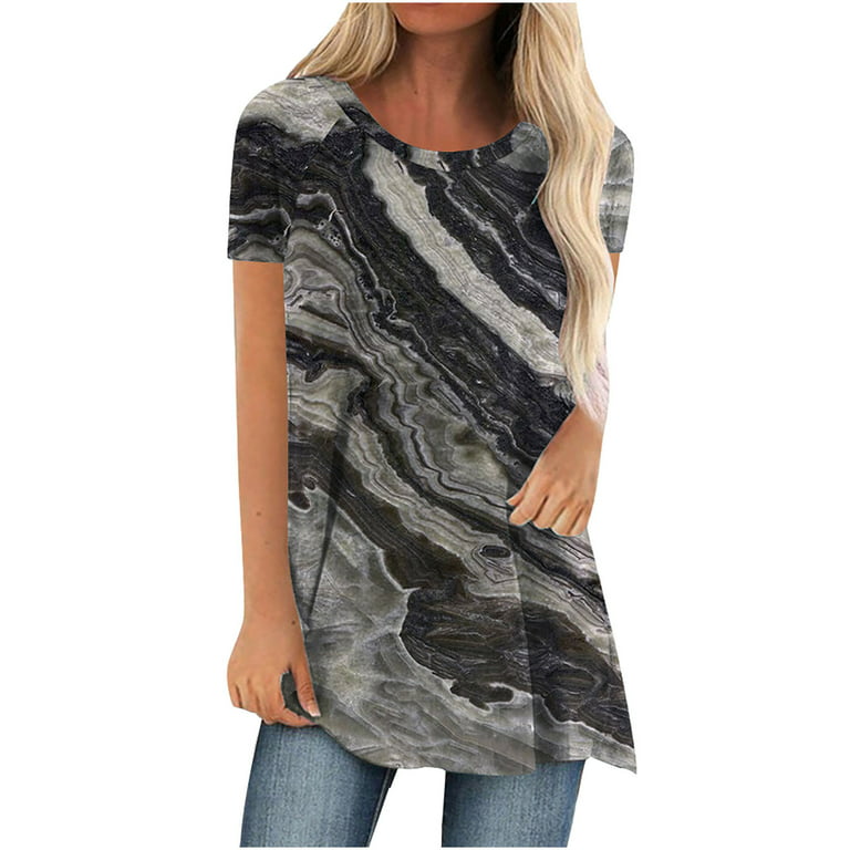 CYMMPU Women's Short Sleeve Summer Long Tunic for Leggings Clearance Plus  Size Round Neck Tshirt Vintage Work Tops Dressy Tunics Comfy Casual Loose  Shirts Funny Tie Dye Ombre Dark Gray L 