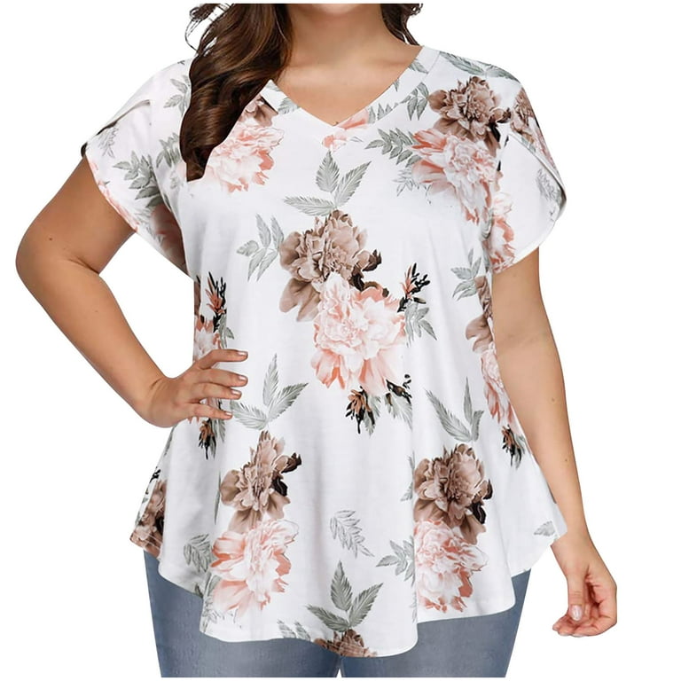 CYMMPU Women's Short Sleeve Summer Plus Size Tunic Blouse Clearance Vintage  Flora Printing V-Neck Tshirt Plus Size Work Tops Comfy Casual Loose Shirts  Funny Dressy Tunics White L 