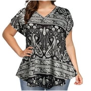 CYMMPU Women's Short Sleeve Summer Plus Size Tunic Blouse Clearance Vintage Flora Printing V-Neck Tshirt Plus Size Work Tops Comfy Casual Loose Shirts Funny Dressy Tunics Black L