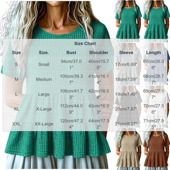 CYMMPU Women's Short Sleeve Tiered Peplum Top, Waffle Knit Crew Neck Blouse, Solid Color Layered Design Casual Wear for Summer & Fall Dark Blue M