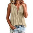 thumbnail image 1 of CYMMPU Women's Sleeveless Crinkle Linen Tank Top, V Neck Pleated Henley Button Front Relax Summer Blouse Beige L, 1 of 7