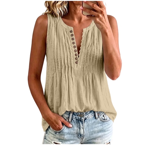 CYMMPU Women's Sleeveless Crinkle Linen Tank Top, V Neck Pleated Henley Button Front Relax Summer Blouse Beige L