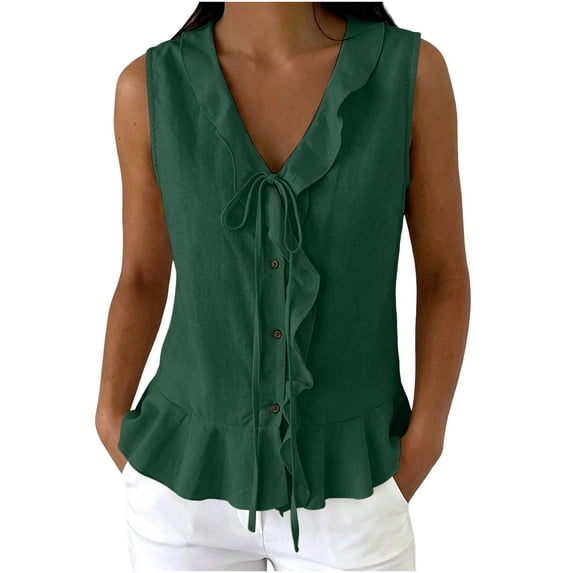 CYMMPU Women's Sleeveless Ruffle Linen Tank Top, V Neck Tie Front Button Flowy Peplum Hem Summer Blouse Army Green S