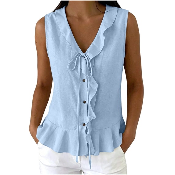 CYMMPU Women's Sleeveless Ruffle Linen Tank Top, V Neck Tie Front Button Flowy Peplum Hem Summer Blouse Light Blue XL