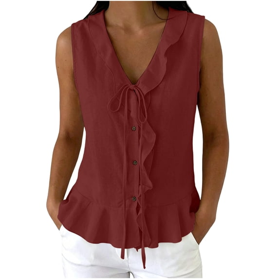 CYMMPU Women's Sleeveless Ruffle Linen Tank Top, V Neck Tie Front Button Flowy Peplum Hem Summer Blouse Red L