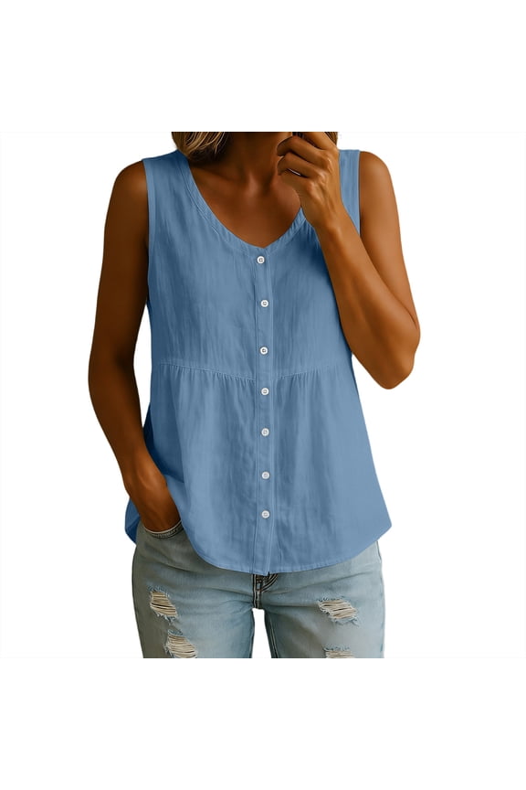 Women's Sleeveless V Neck Linen Peplum Tank Top, Full Button Front Curved Hem Casual Summer Vest Blue S