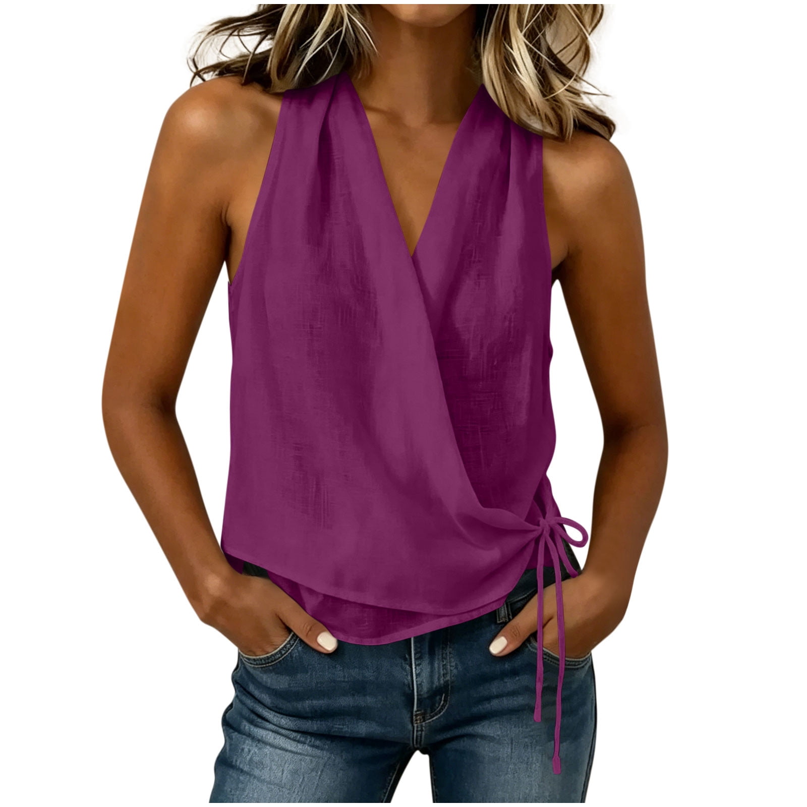 CYMMPU Women's Sleeveless Wrap Linen Camisole, Cross V Neck Side