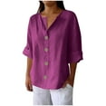 thumbnail image 1 of CYMMPU Women's Solid Color Flowy Blouse 3/4 Length Sleeve Summer Fall V-Neck Tunic Tops Shirts Business Work Blouses Casual Basic Tees 2025 Clothes Purple XXXXL, 1 of 7