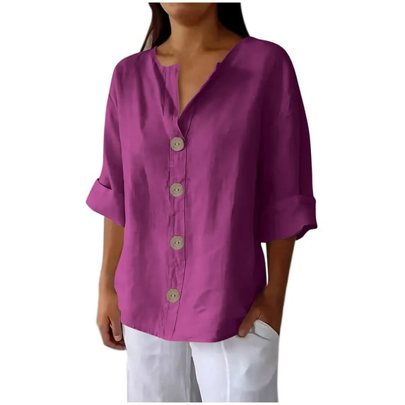 CYMMPU Women's Solid Color Flowy Blouse 3/4 Length Sleeve Summer Fall V-Neck Tunic Tops Shirts Business Work Blouses Casual Basic Tees 2025 Clothes Purple XXXXL