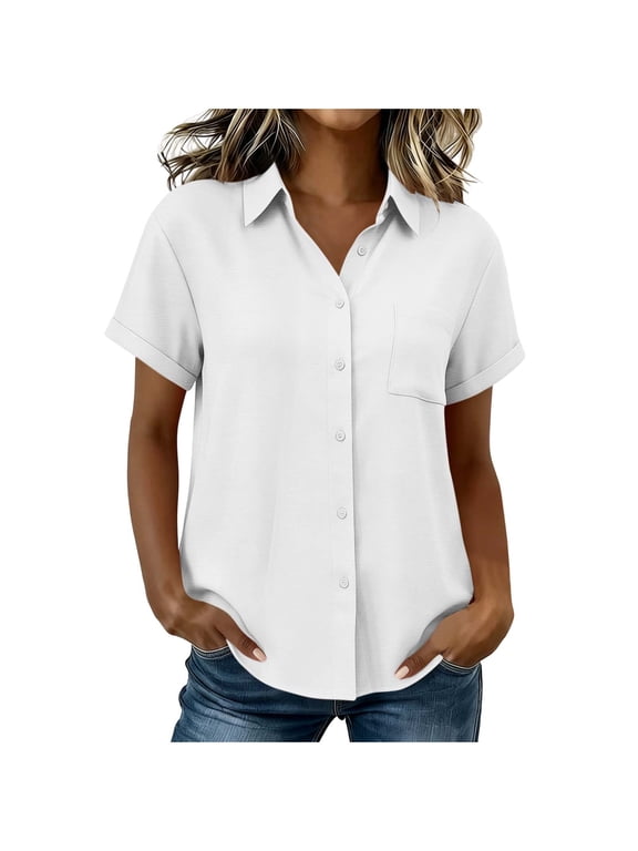 Women's Solid Lapel Short Sleeve Linen Button Down Shirt, Single Chest Pocket Relax Fit Daily Blouse White XXL