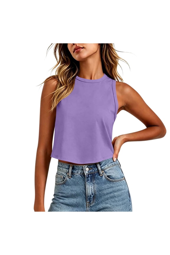 Women's Solid Ribbed High Neck Crop Tank Top, Sleeveless Slim Fit Y2K Basic Layering Vest Purple M