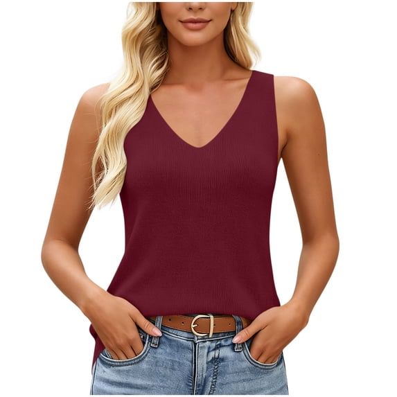CYMMPU Women's Solid V Neck Ribbed Knit Sweater Tank Top, Slim Fit Basic Layering Camisole for Daily Outfits Wine XXL
