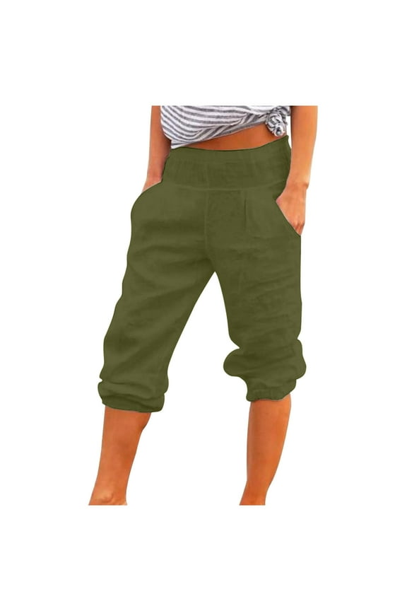 Women's Sports Jogger Crop Pants Elastic High Waist Women's Capri Pants Plain Color Fashion Summer Clothes Slim Vintage Women's Capri Pants Army Green M
