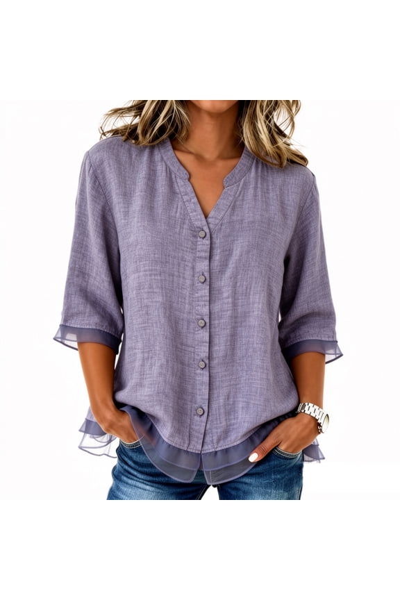 Women's Stand Notch V Neck 3/4 Sleeve Linen Shirt, Single Breasted Organza Trim Hem Loose Daily Blouse Purple XXL