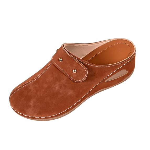 CYMMPU Women's Strap Decor Closed Toe Wedge Mules, Round Toe Slip On Breathable Backless Clogs, Outdoor Casual Footwear Brown 36
