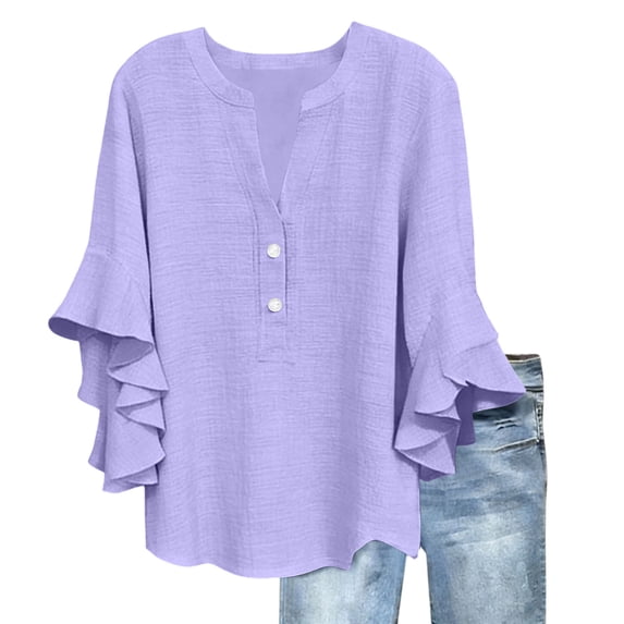 CYMMPU Women's Summer 3/4 Ruffle Sleeve V Neck Button Top, Solid Color Cotton Linen Loose Casual Lightweight Blouse Purple S